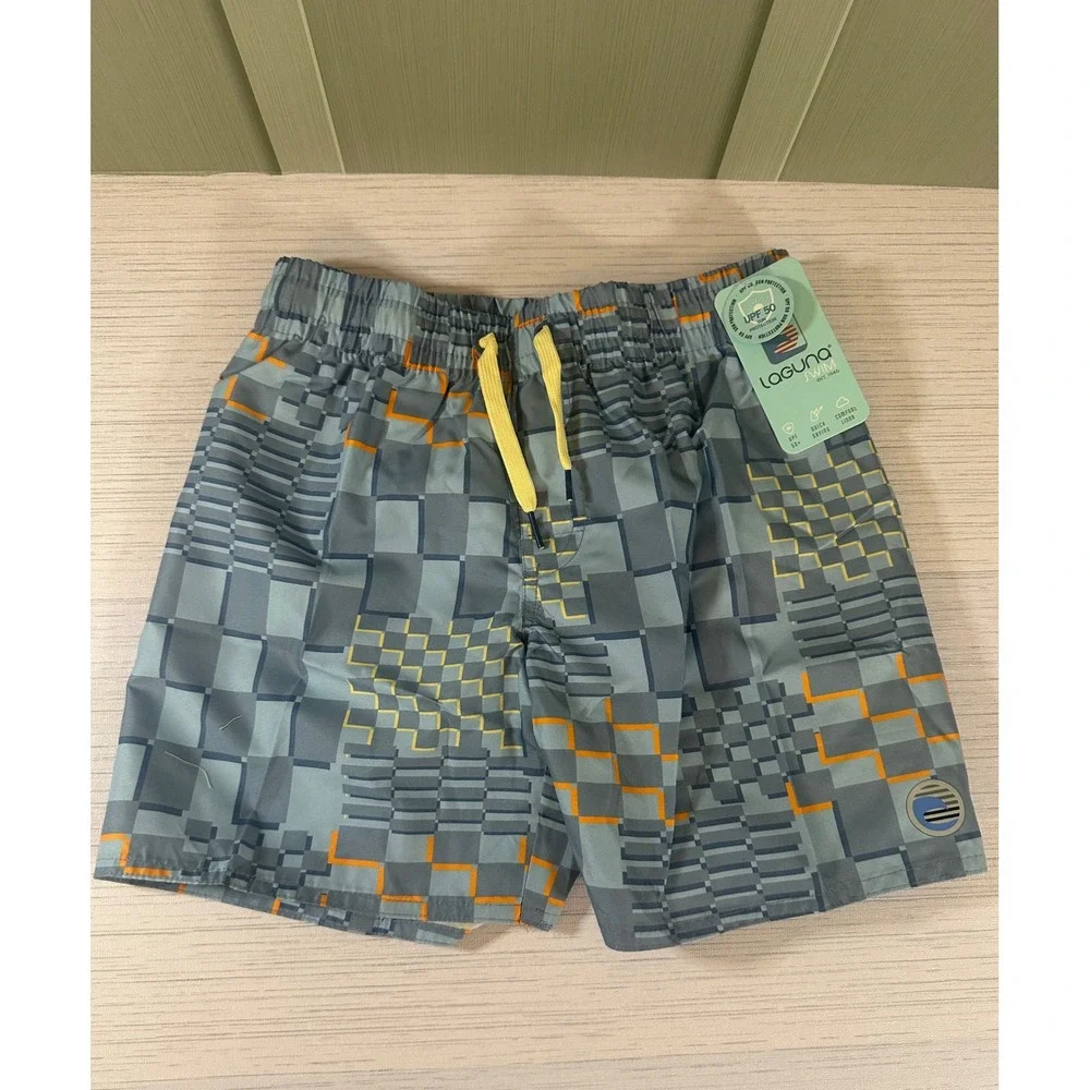 Laguna Swim Boys Board Shorts Grey Orange Geometric Checkered Trunks M 10/12 NEW
